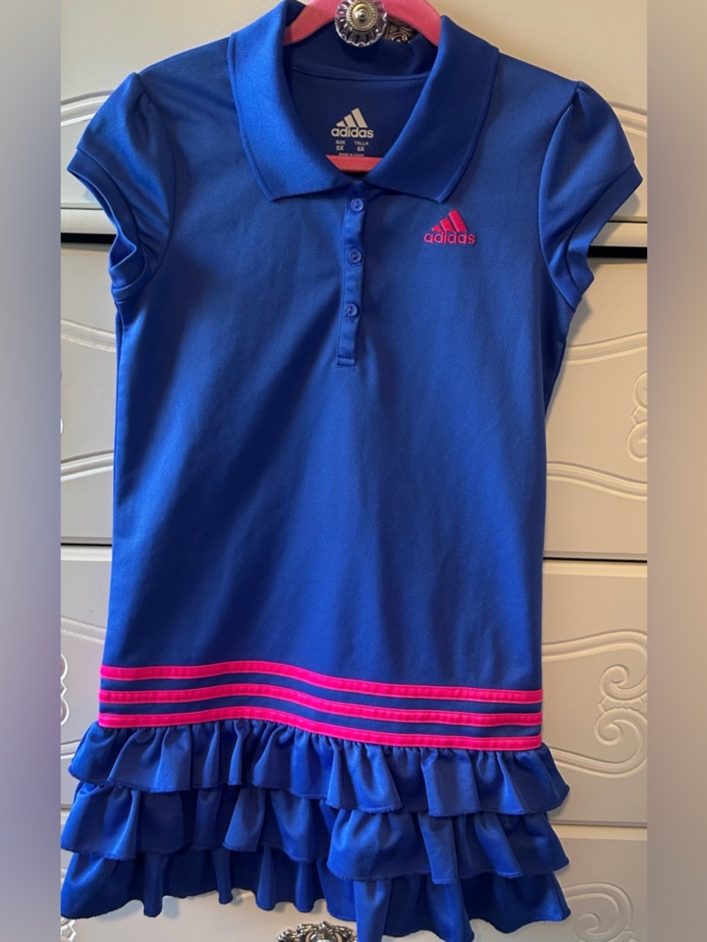 adidas Girls Blue Polo Dress with Pink Stripes